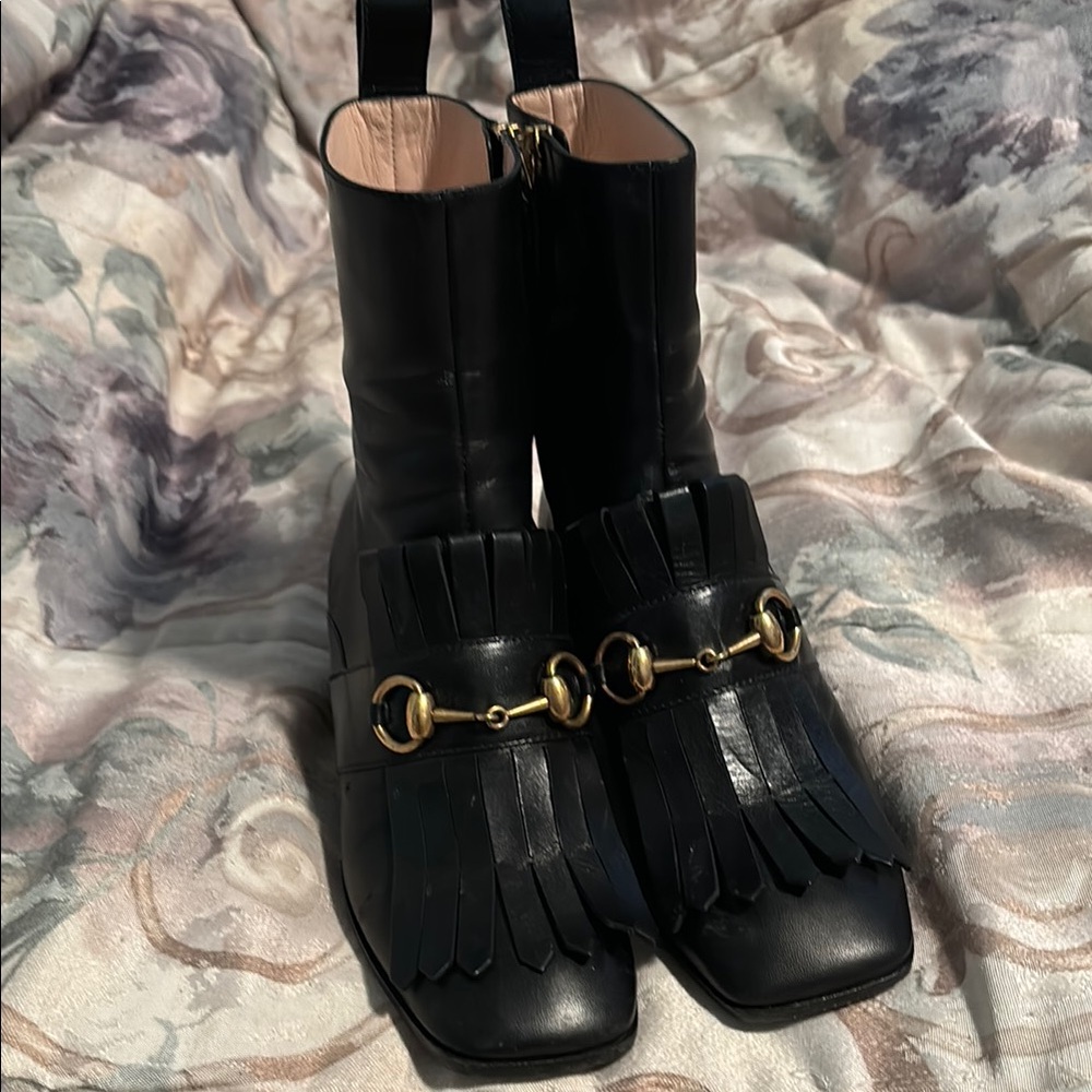 Gucci Black Leather Women's Boots with Gold Accents size 35